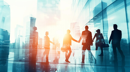 Wall Mural - Double exposure image of business people handshake on city office building in background showing partnership success of business deal. Concept of corporate teamwork, trust partner and work agreement.