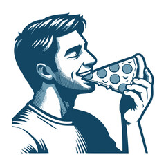 outline art style man enjoy eating pizza slice with full of joy vector illustration