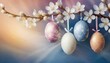 Wielkanocne tło z pisankami wiszącymi na kwitnącej gałązce wiśni w odcieniach niebieskiego i różu