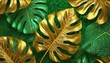 Złote liście monstery na zielonym tle. Tło, tapeta