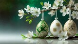 Fototapeta  - Wielkanocne, zielone tło z ozdobnymi pisankami zawieszonymi na gałązce pokrytej białymi kwiatami