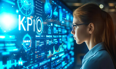 Wall Mural - Focused businesswoman analyzing Key Performance Indicators (KPI) on futuristic holographic interface, data analytics and business metrics concept
