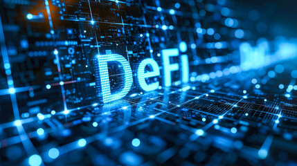 Poster - futuristic 'defi' neon signage over a blockchain network backdrop, symbolizing decentralized finance