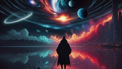 Wall Mural - A black silhouette in a hooded robe on background of alien world. Incredible night sky with stars, planets and galaxies, huge mountains, towers and skyscrapers on their sides. AI generated video