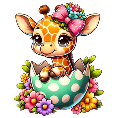 Wall Mural - Baby giraffe with flowers and Easter egg