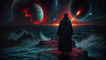 Wall Mural - A black silhouette in a hooded robe on background of alien world. Incredible night sky with stars, planets and galaxies, huge mountains, towers and skyscrapers on their sides. AI generated video