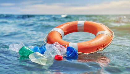 Stone beach with plastic waste. Plastic bottles in nature. Environmental pollution concept