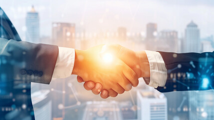 Wall Mural - Double exposure image of business people handshake on city office building in background showing partnership success of business deal. Concept of corporate teamwork, trust partner and work agreement.