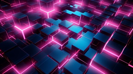 Poster - Vibrant pink neon geometric shapes illuminating digital technology