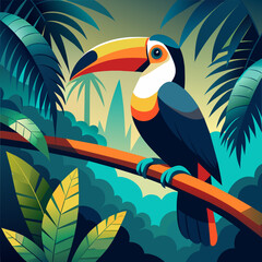 Wall Mural - Tropical background with toucan and palm leaves. Vector illustration