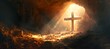 Majestic cross illuminated by sunlight in a rocky cave. a symbol of hope and faith. spiritual christian image. AI