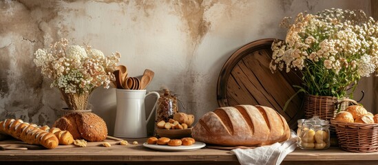 Wall Mural - Kitchen accessories alongside bread and pastries on a vintage backdrop.
