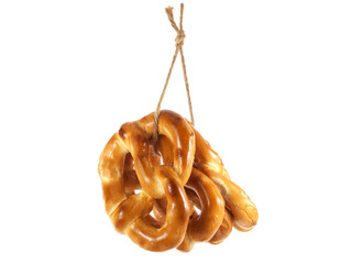 Pretzels on a rope isolated on white, bagels