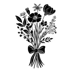 Wall Mural - silhouette spring flower bouquet tied with ribbon black color only