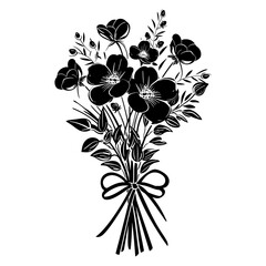 Wall Mural - Silhouette spring flower bouquet tied with ribbon black color only