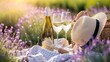 A pair of wine glasses and a bottle against a backdrop of a lavender field, with a straw hat and a basket of lavender flowers on a picnic blanket