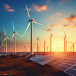 Sunset illuminates modern wind turbines and solar panels, symbolizing renewable energy. AI generative.