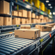 Multiple cardboard boxes on conveyor belt in warehouse, symbolizing e-commerce and logistics. AI generative.