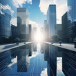 © น้ำฝน สามารถ - Gaze upon the towering glass facades of business skyscrapers in this captivating urban scene. A generative AI creation that immerses you in the heart of the modern city.