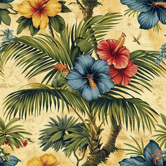  Tropic Flower and Leaf, seamless Tile pattern, ai generated