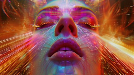 Wall Mural - The expressive face of a woman in a futuristic digital realm