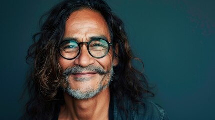 Wall Mural - A man with long wavy hair and a gray beard wearing round glasses smiling against a dark background.