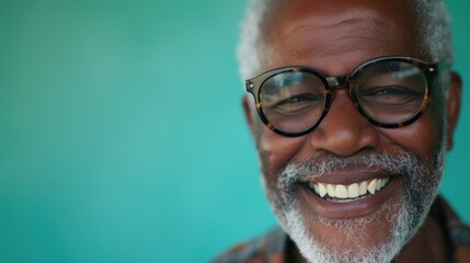 Wall Mural - A joyful elderly man with a white beard and glasses smiling against a teal background.