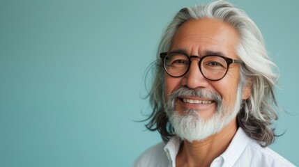 Wall Mural - Smiling man with gray beard and hair wearing glasses against light blue background.