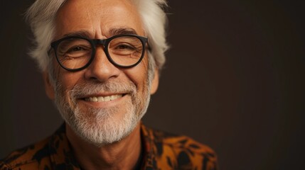 Sticker - Smiling man with white hair and beard wearing glasses in a warmly lit portrait with a blurred background.