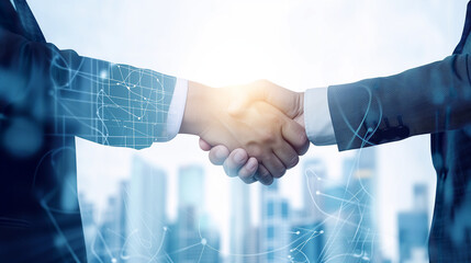 Wall Mural - Concept of partnership and social connection. Shaking hands with business background.