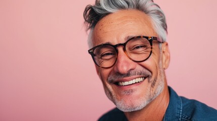 Wall Mural - Smiling man with gray hair wearing glasses and a blue shirt against a pink background.