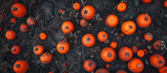 Poster - Drone's top-down aerial photo shows pumpkins on the ground.