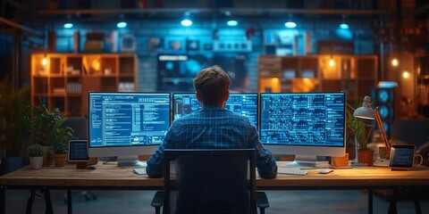 Poster - Rear view of man working on multiple monitors at office