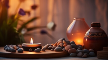 Wall Mural - Spa, aromatherapy and candles on table for zen, calm and peace to relax for health and wellness.