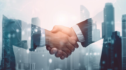 Wall Mural - Double exposure image of business people handshake on city office building in background showing partnership success of business deal. Concept of corporate teamwork, trust partner and work agreement.