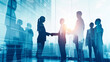© Steve - Double exposure image of business people handshake on city office building in background showing partnership success of business deal. Concept of corporate teamwork, trust partner and work agreement.