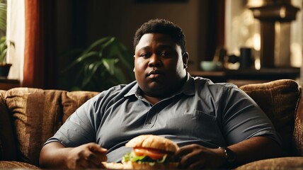 An overweight black african man relaxing on the sofa and eating a sandwich from Generative AI