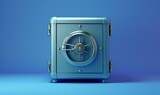 Fototapeta Przestrzenne - 3d render, closed metallic safe box isolated on blue background. Frontal view. Banking safety clip art, Generative AI
