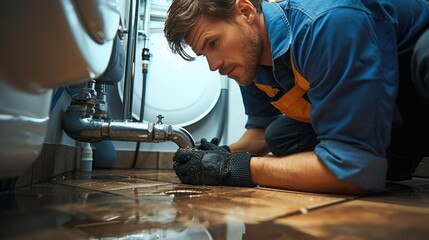 Poster - A Plumber checking Snaking Drain. Generative AI.