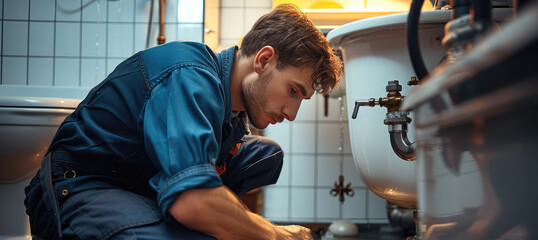Poster - A Plumber checking Snaking Drain. Generative AI.