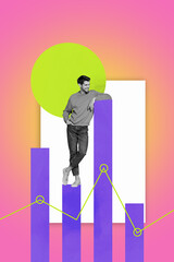 Poster - Creative vertical collage artwork illustration of smiling business man watching his company diagram stats isolated on gradient background