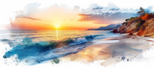 Picturesque Landscape Of Seaside During Sunset. Illustration, Travel And Holidays Concept