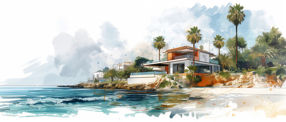 Poster - Coastal modern new-built villa drawing. Illustration. Construction, real-estate concept