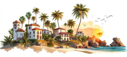 Wall Mural - Houses on hillside with palm trees landscape. Travel and holidays concept