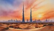 © Lucas - Watercolor Painting of the Burj Khalifa - its sleek silhouette rising into the sky amidst a desert landscape - bathed in the warm hues of a desert sunset