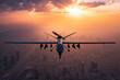 Illustration of a large military drone flying high over a big city, preparing to attack, war in an urban environment.