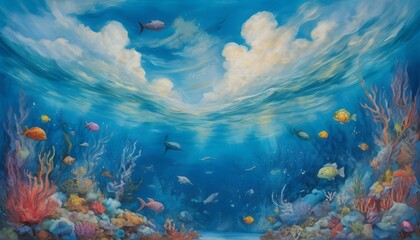 Wall Mural - Whimsical Underwater World: A Mixed-Media Sea Painting with Wispy Clouds