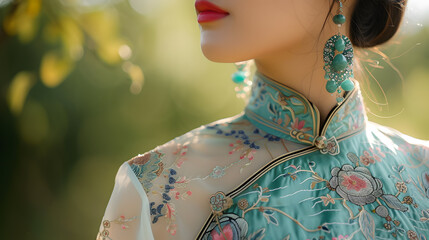 Wall Mural - A woman wearing a traditional Vietnamese ao dai, with delicate jade and silk accessories. Generative AI.