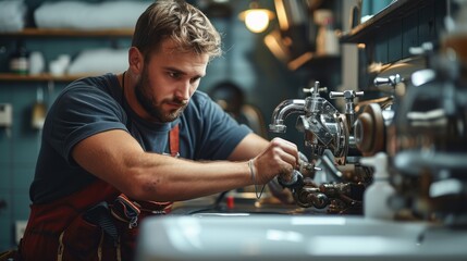 Poster - A plumber repairing sink. Male worker using tool while fixing appliance in bathroom. He is working on metallic equipment at home. Generative AI.
