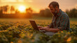 © Vladislav - Farmer works in the field with a laptop. Agricultural crop business concept. A farmer with a laptop studies sprouts.